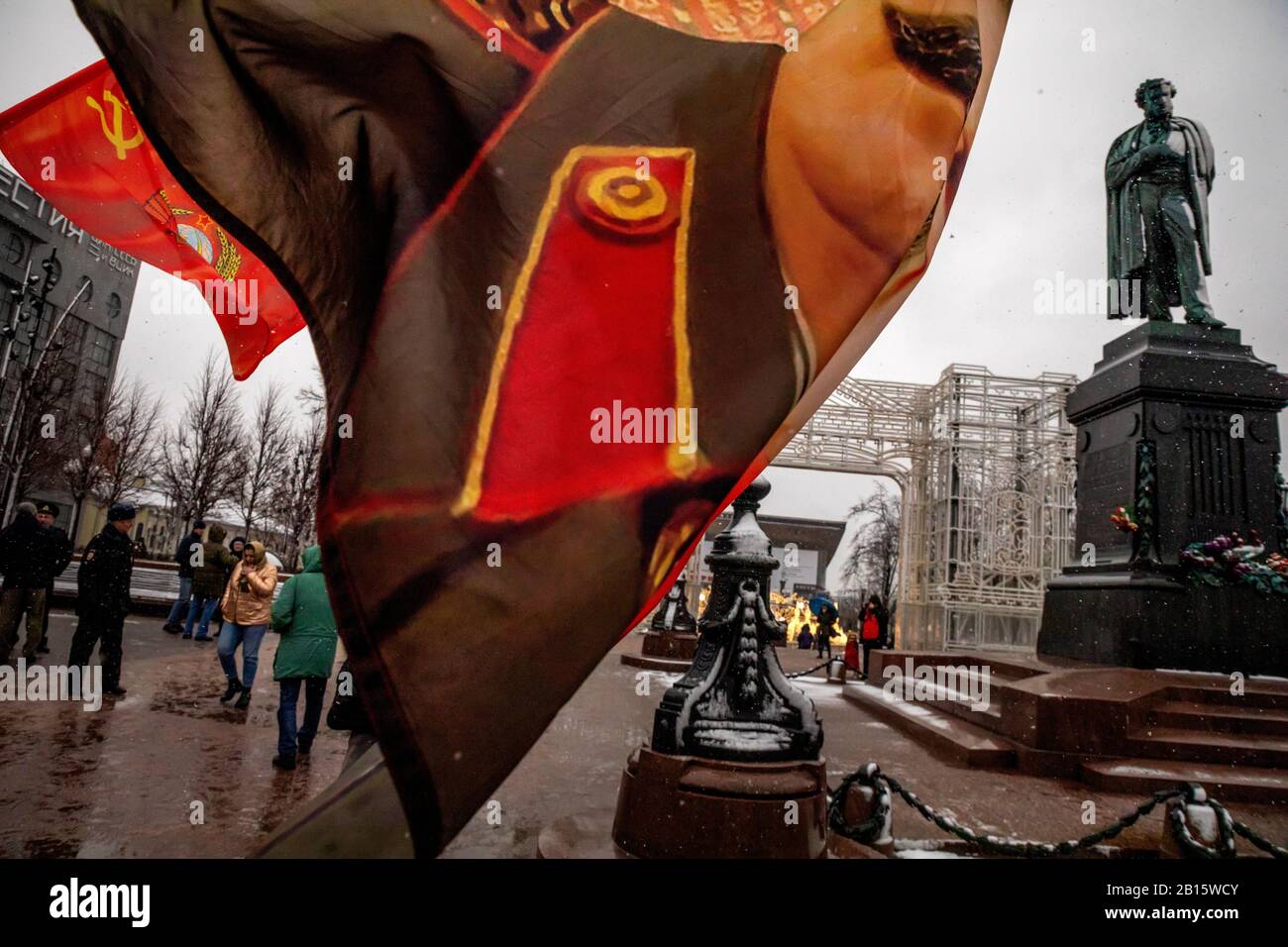 Moscow, Russia. 23rd of February, 2020 People hold banners with portrait of Soviet leader Josef Stalin during a rally and a march in central Moscow marking the 102nd anniversary of the founding of the Soviet Red Army and the Soviet Navy Stock Photo