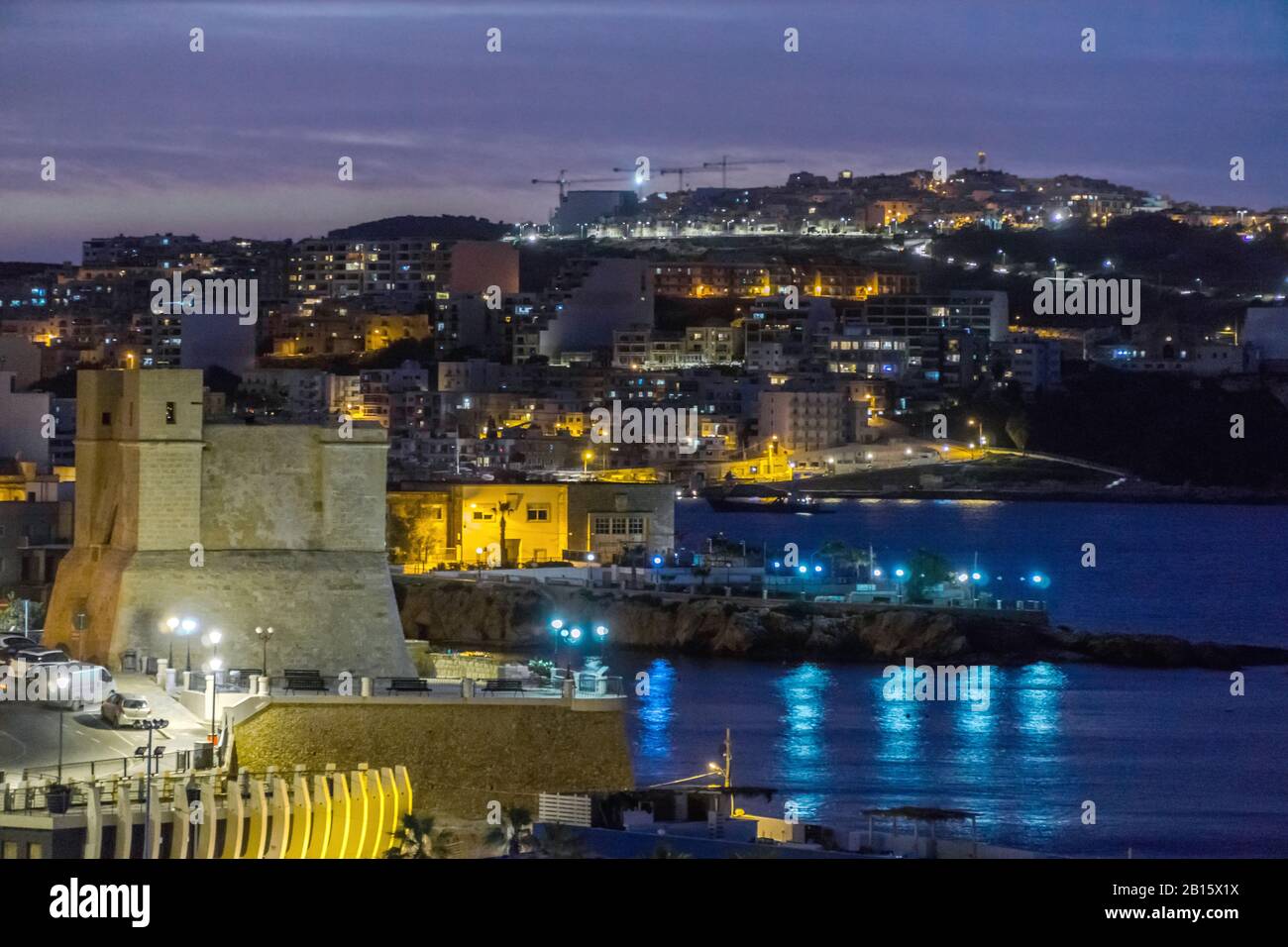 Malta, St Paul’s Bay Panoramic night view of St Paul’s Bay, a popular tourist destination in