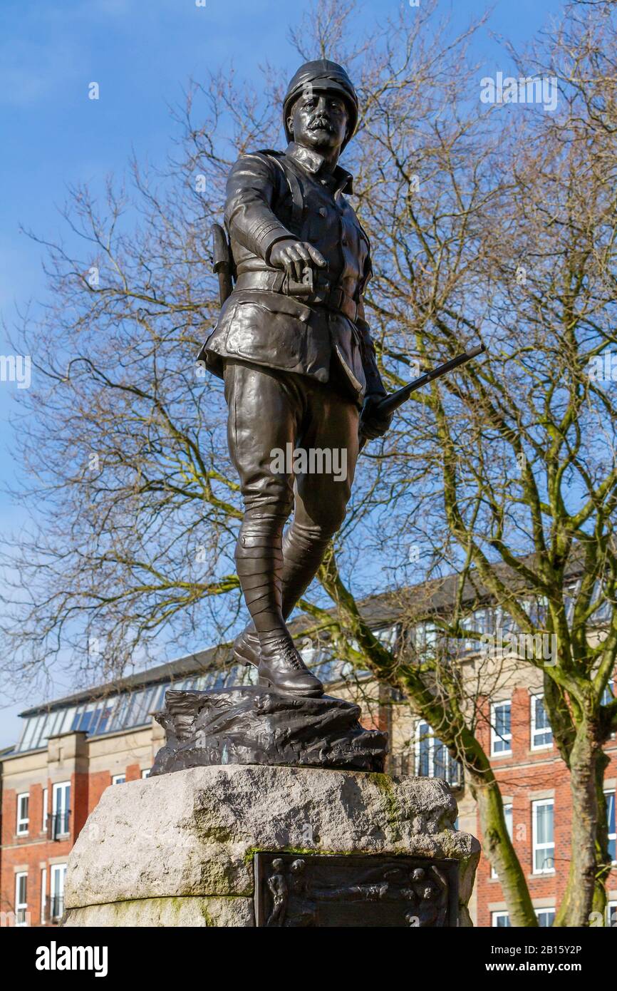 Warrington, UK. 23rd Feb, 2020. The bronze portrait statue in Queen's Garden, Palmyra Square, Warrington Town centre is of Lt Colonel W McCarthy O'Leary of the South Lancashire Regiment. The siege of Ladysmith where the Boers and the Tugela Heights had to be taken. It was Pieter's Hill in the Tugela Heights when Lt Col McCarthy O'Leary led the charge Credit: John Hopkins/Alamy Live News Stock Photo