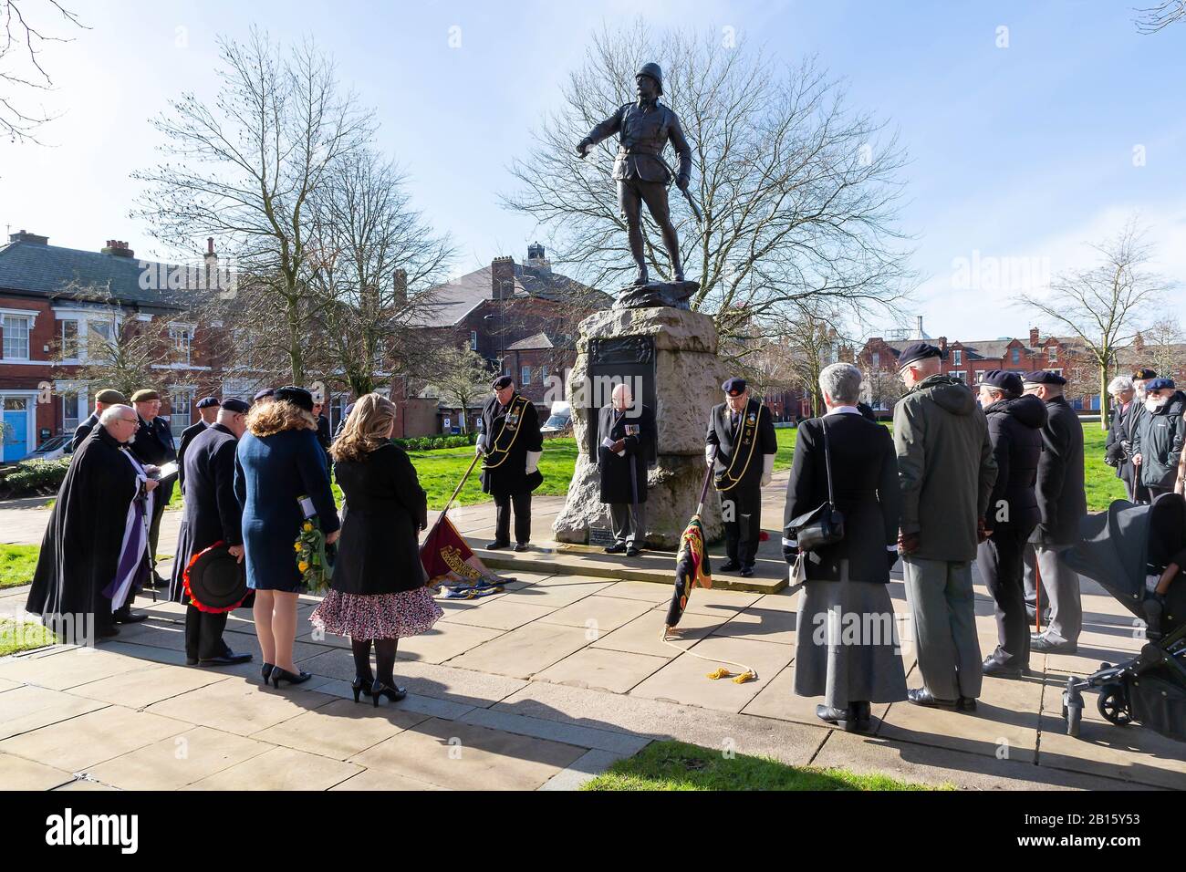 Warrington, UK. 23rd Feb, 2020. Gathering and service at the bronze portrait statue in Queen's Garden, Palmyra Square, Warrington Town centre is of Lt Colonel W McCarthy O'Leary of the South Lancashire Regiment. The siege of Ladysmith where the Boers and the Tugela Heights had to be taken. It was Pieter's Hill in the Tugela Heights when Lt Col McCarthy O'Leary led the charge Credit: John Hopkins/Alamy Live News Stock Photo