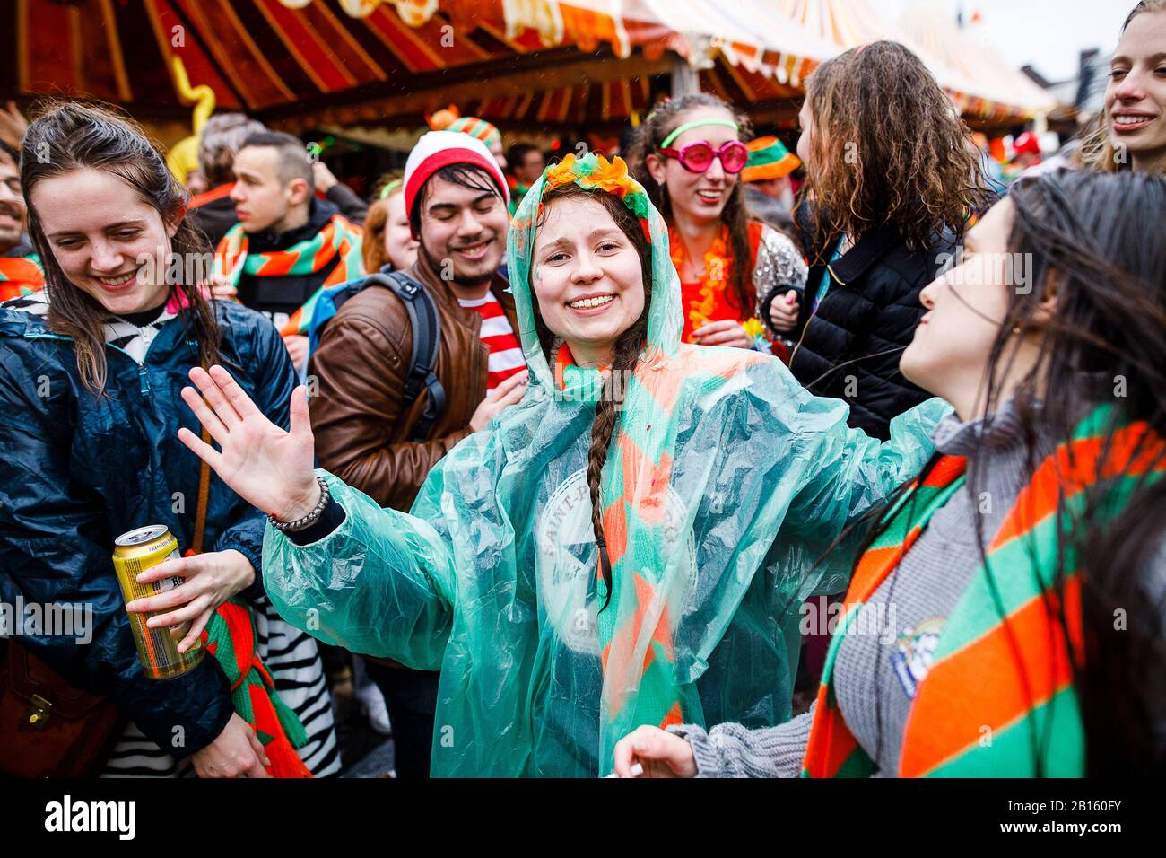 Tilburg, Netherlands. 23rd Feb, 2020. TILBURG, Carnaval Tilburg 2020,  23-02-2020. Carnaval in Tilburg (Kruikenstad) 2020. The parade got  cancelled due to storm Ellen. Some people still go to the parties through  the