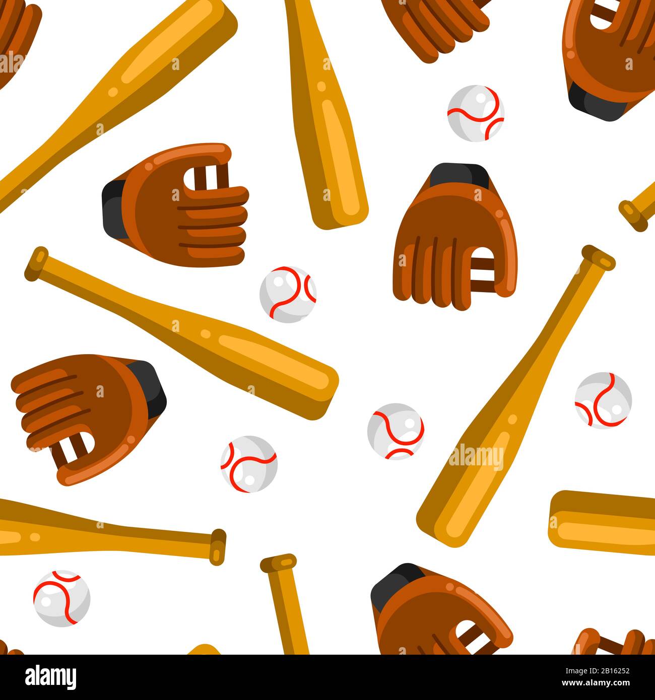 Seamless pattern with baseball gloves, balls and bats in flat style. Stock Vector