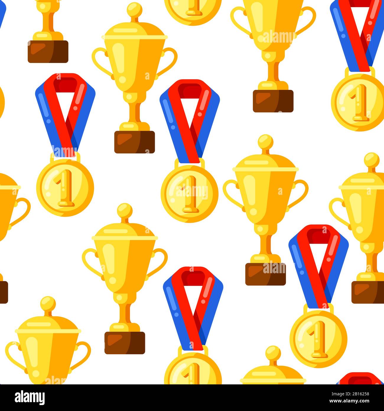 Seamless pattern with gold cups and medals in flat style. Stock Vector