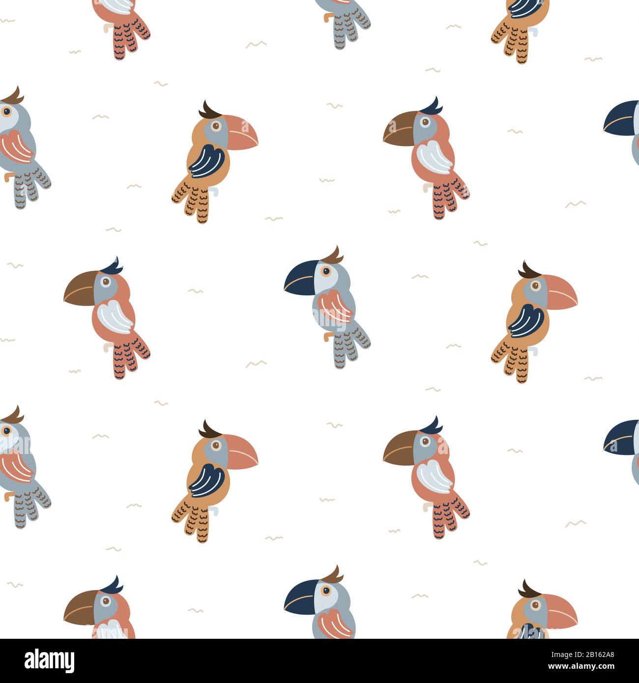 Vector blue parrot bird cartoon seamless pattern. Stock Vector