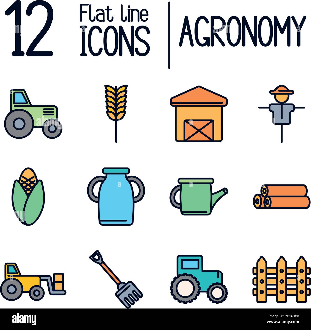 12 line fill style icon set design, agronomy farm lifestyle agriculture ...
