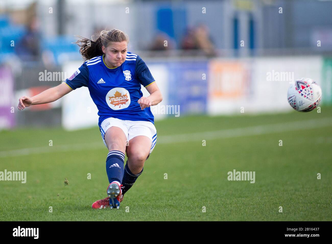 Solihull, West Midlands, UK. 23rd Feb, 2020. Bristol City Women 1 - 0 BCFC Women. Birmingham City's Sarah Mayling puts the ball into play for a goal attack. Credit: Peter Lopeman/Alamy Live News Stock Photo