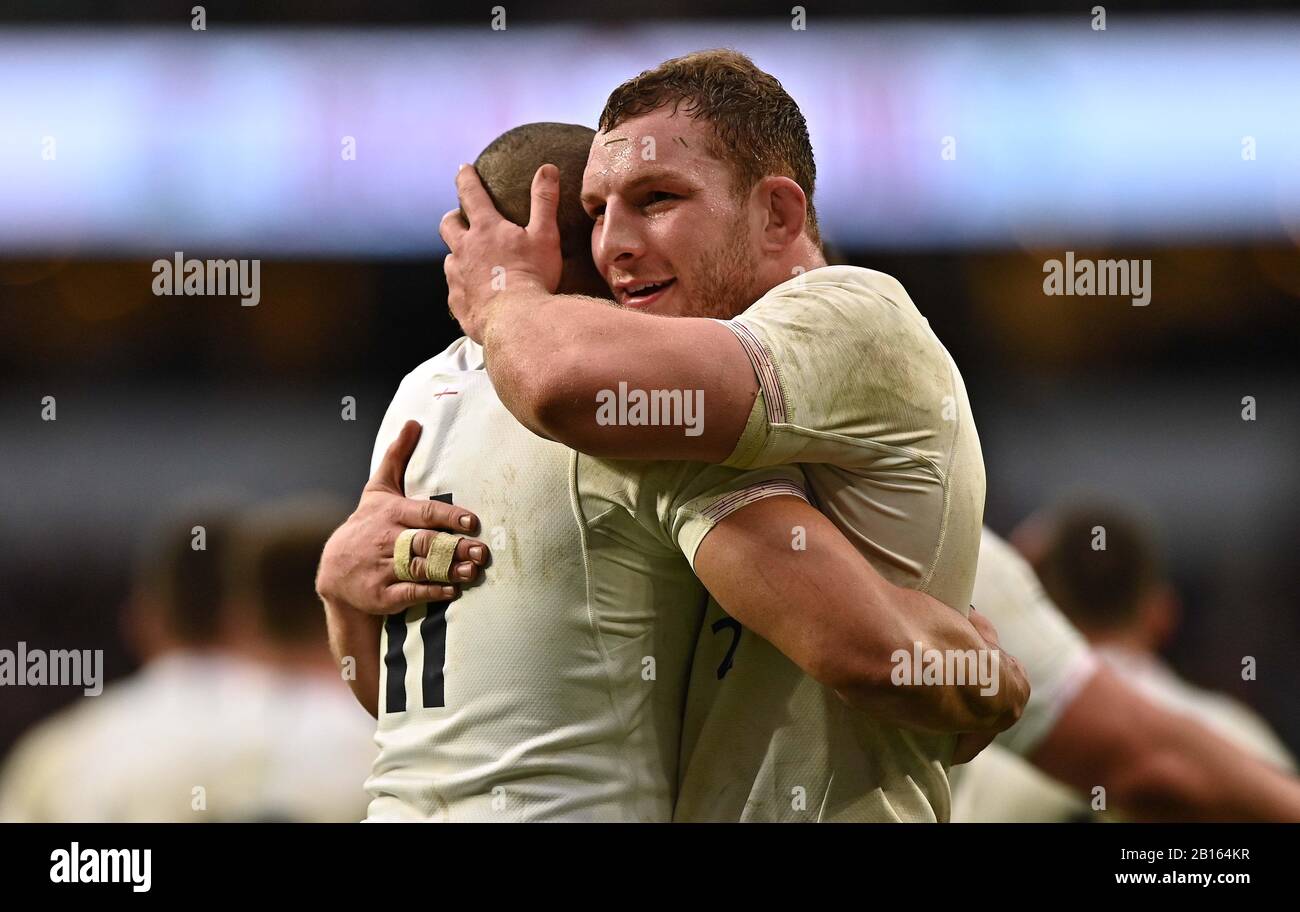 Twickenham, United Kingdom. 23rd Feb, 2020. Jonathan Joseph (England and Bath Rugby) and Sam Underhill (England and Bath Rugby) celebrate at the end of the game. England V Ireland. Guiness six nations. Twickenham Stadium. Twickenham. London. UK. Credit Garry Bowden/Sport in Pictures/Alamy Live News. Credit: Sport In Pictures/Alamy Live News Stock Photo