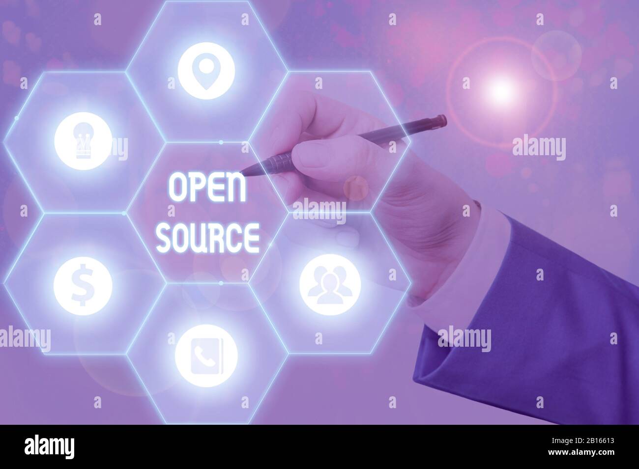 Writing note showing Open Source. Business concept for denoting software which original source code is made free Stock Photo
