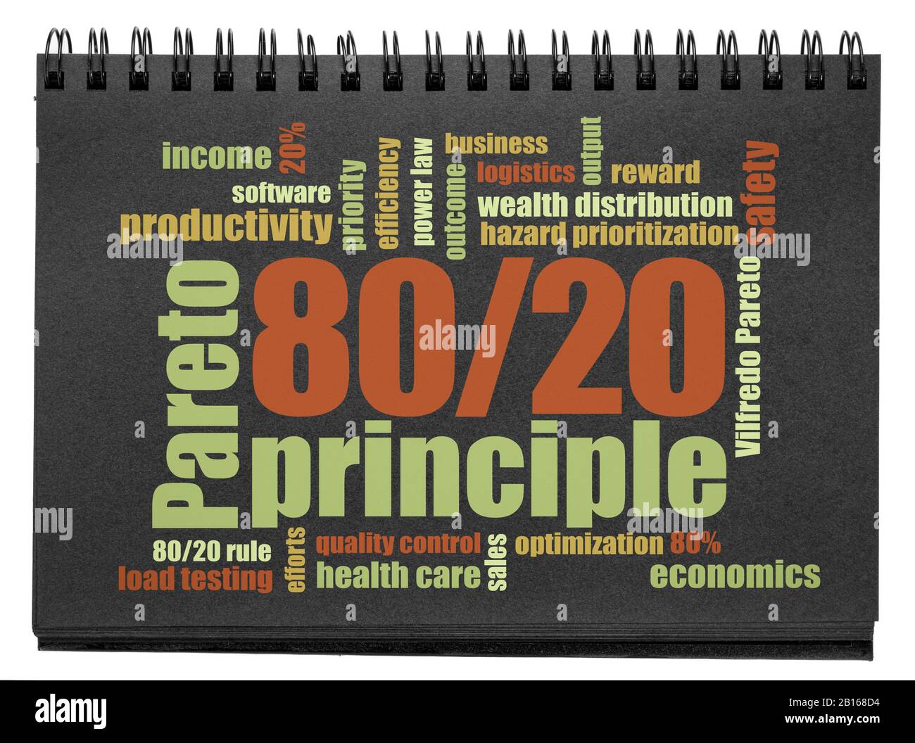 Pareto principle or eighty-twenty rule concept  word cloud in an isolated black paper sketchbook, priority, productivity and resource allocation conce Stock Photo