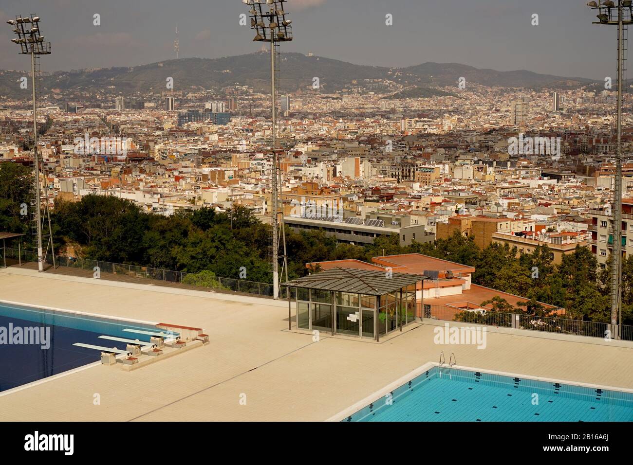 Empty outdoor swimming pool with Barcelona city in the background Stock Photo