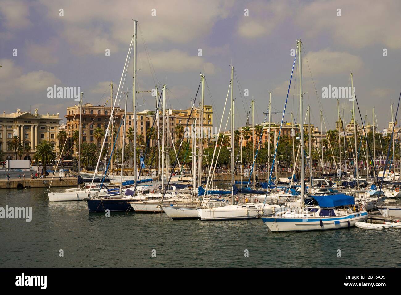 Expensive yachts line the marina in Barcelona on Rambla de Mar Stock Photo