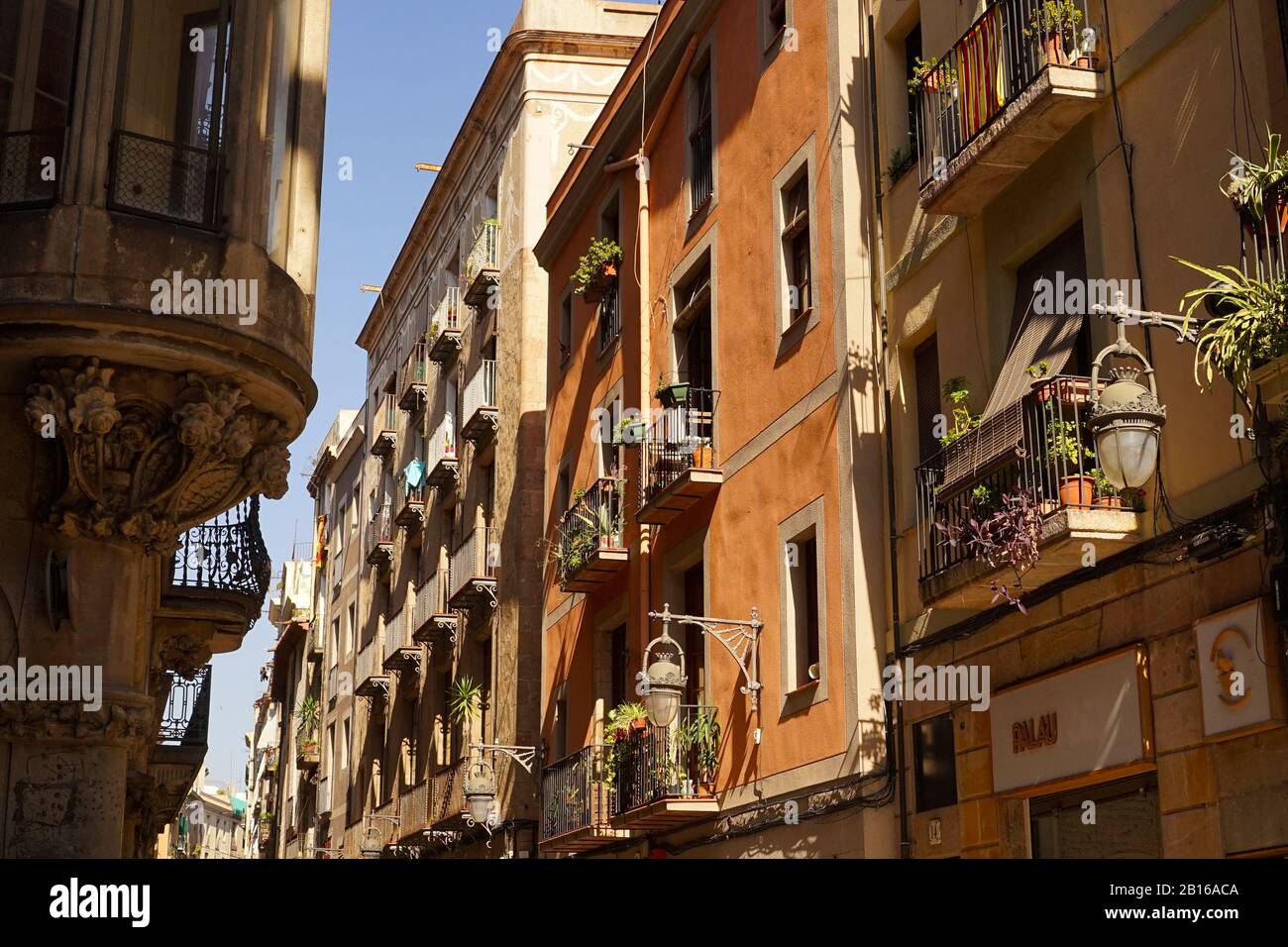 A traditional, colourful street in Barcelona with plants trailing from balconies Stock Photo
