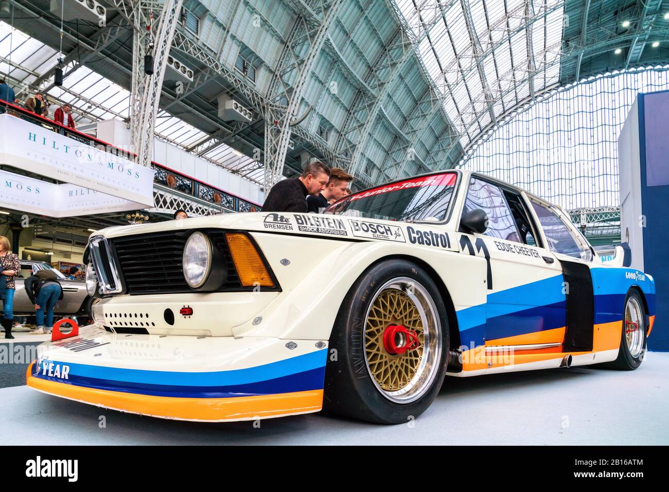 22 Feb 2020 - London, UK. Retromobile BMW junior team 320 model of a racing driver Eddie Cheever displayed at Classic Car Show in London. Stock Photo