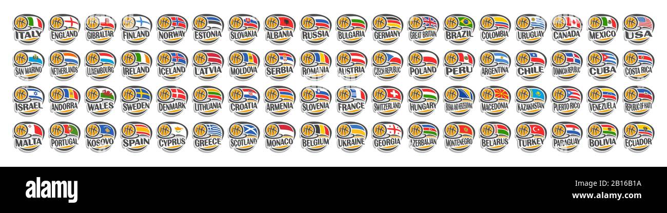 Vector set of Basketball Icons with illustration of national flags and basketball ball in hoop, collection of 72 sport sings for european and american Stock Vector