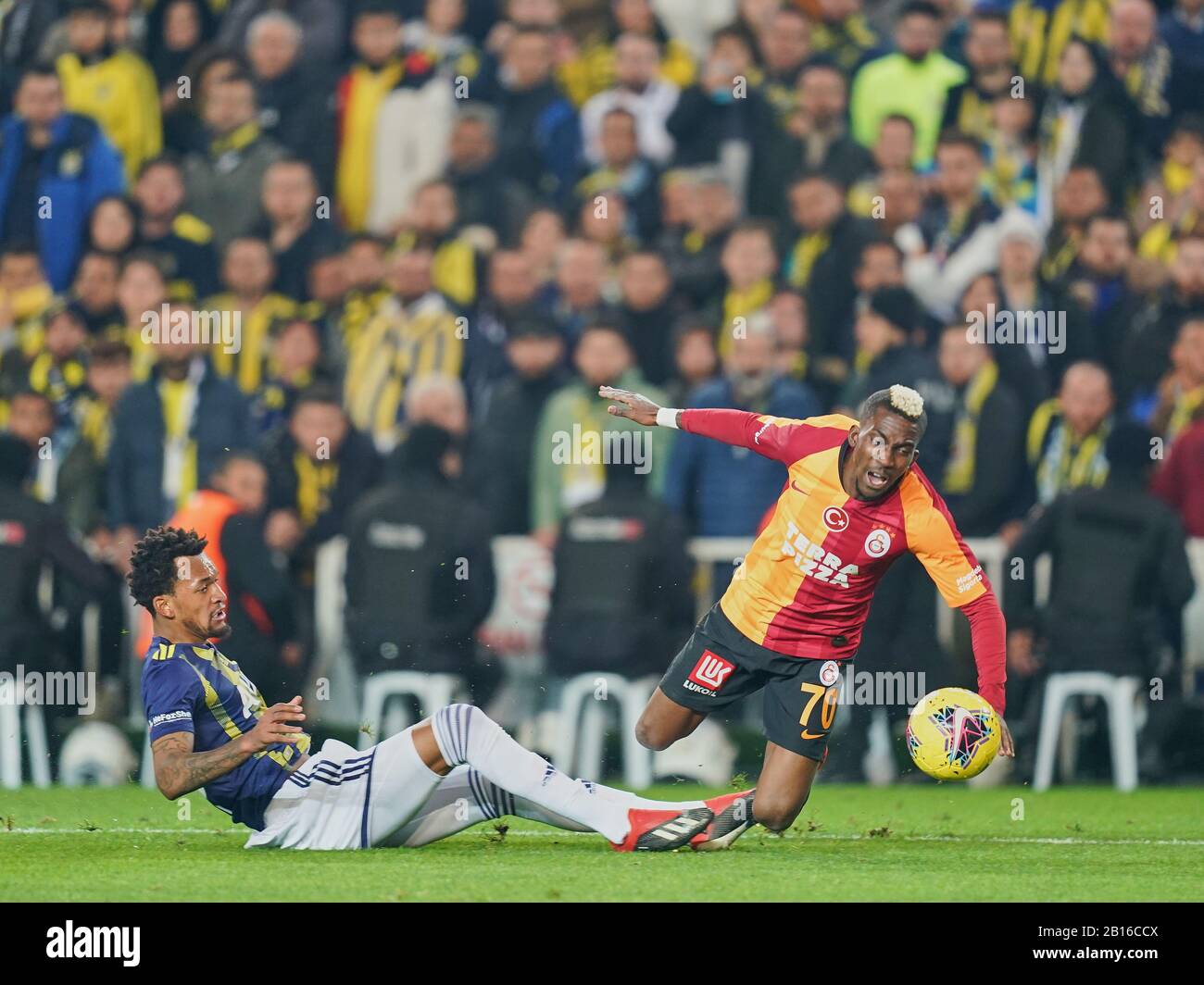 February 23, 2020: !f32! committing penalty on Henry Onyekuru of  Galatasaray SK during Fenerbahçe against Galatasaray on ÅžÃ¼krÃ¼ SaracoÄŸlu  Stadium, Istanbul, Turkey. Kim Price/CSM Stock Photo - Alamy