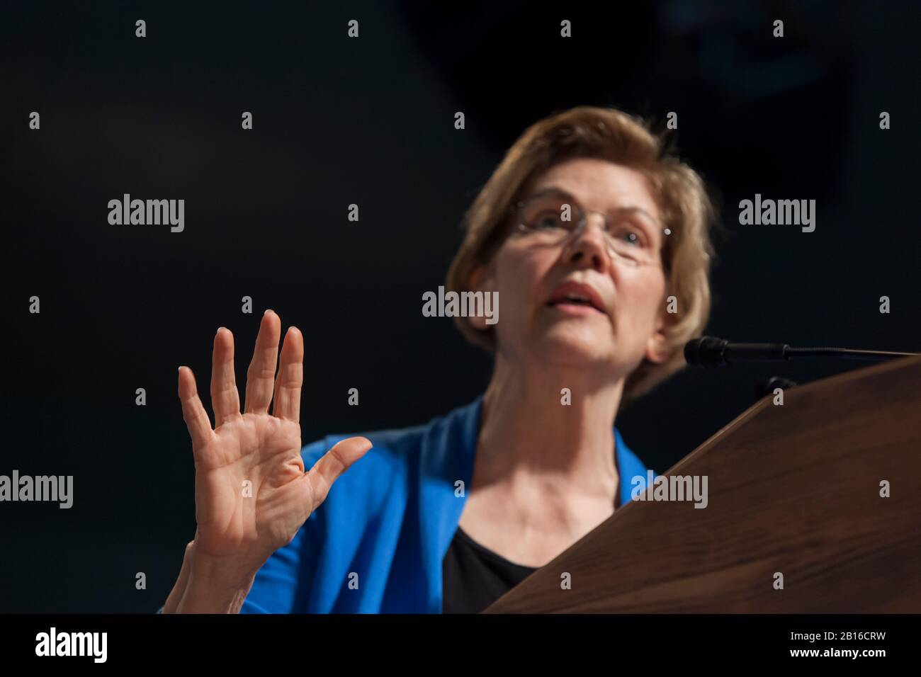 Senator Elizabeth Warren speaks to supporters during a town hall in Seattle, Washington on Saturday, February 22, 2020. Stock Photo