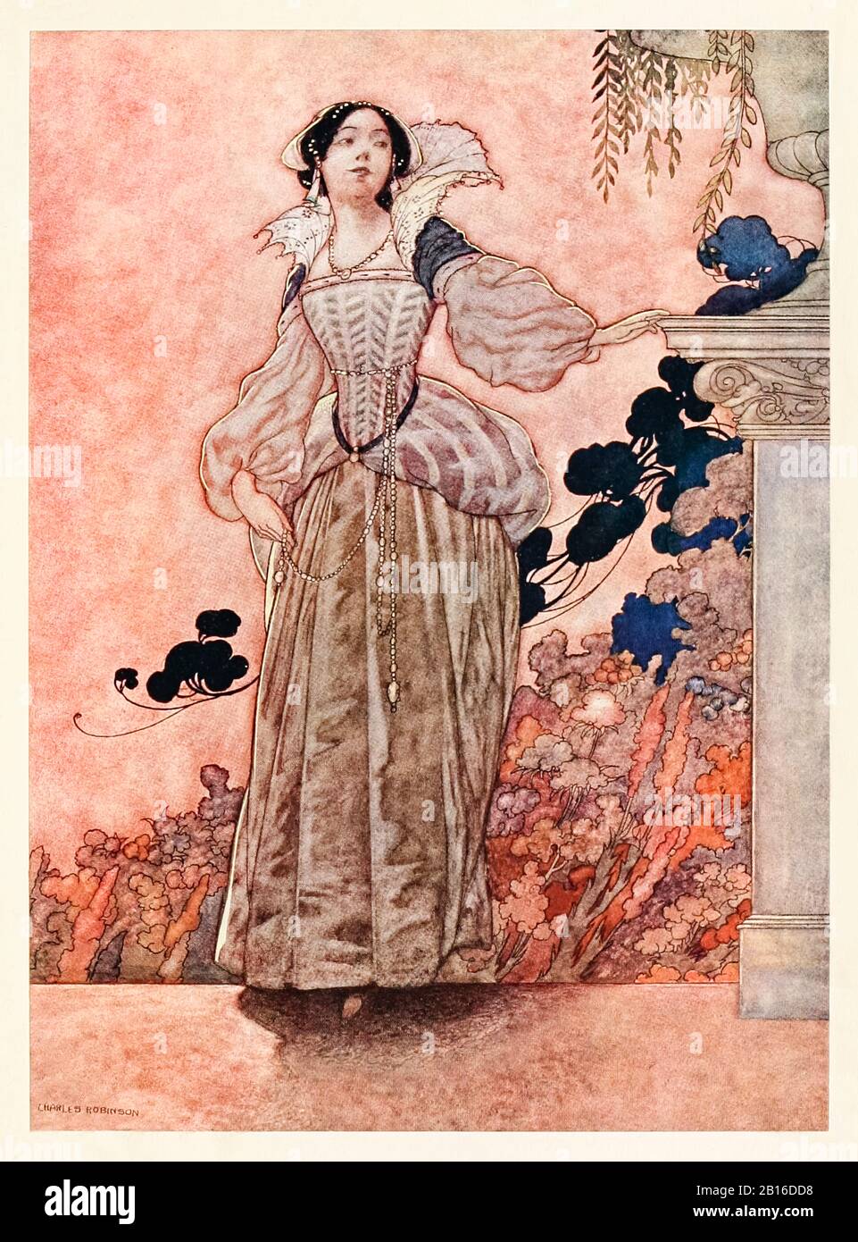 “My mistress’ brows are raven black” from ‘Of His Lady Love’ in The Songs and Sonnets of William Shakespeare illustrated by Charles Robinson (1870-1937). See more information below. Stock Photo