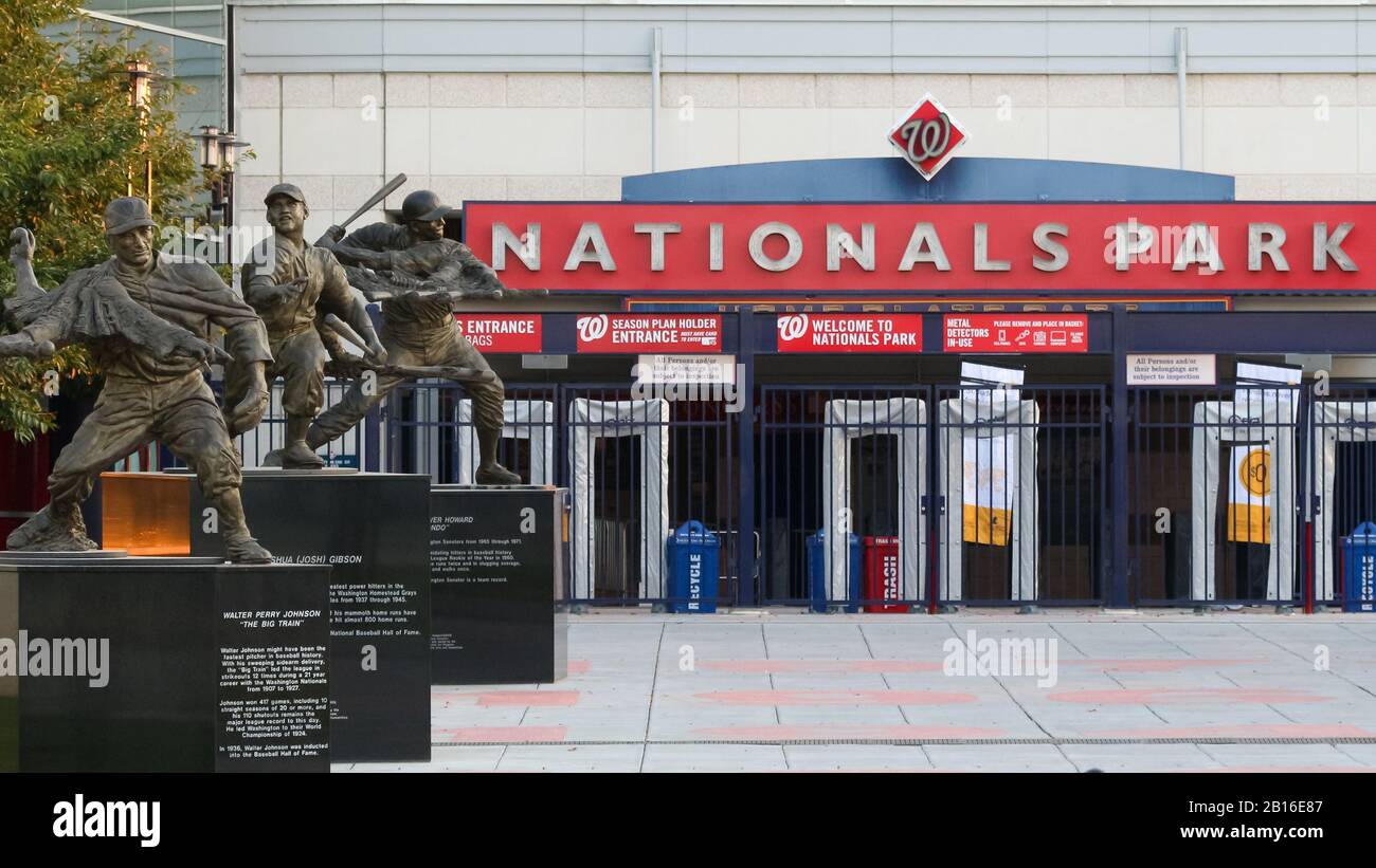 View outside Nationals Park with line of statues, home of the Washington Nationals baseball team Stock Photo