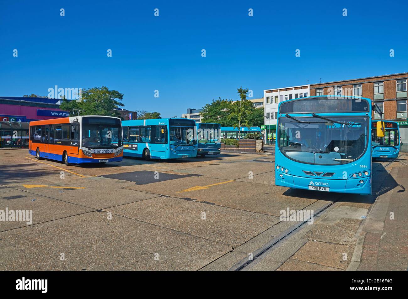Single decker buses in Stevenage bus station during a lull in services Stock Photo