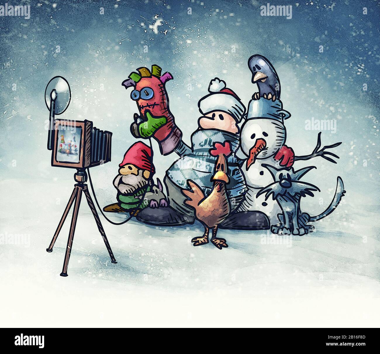 lonely man with snowman, plaster dwarf and animals takes pictures of himself for group photo 'with friends' - cartoon illustration Stock Photo