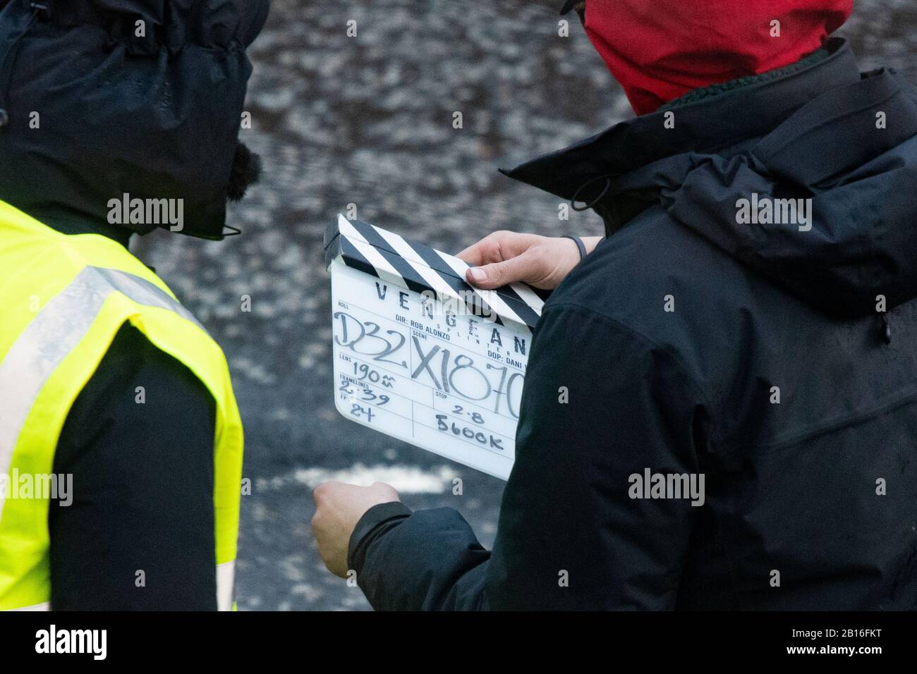 Glasgow, Scotland, UK. 23rd Feb, 2020. 'Vengeance' spotted on clapper board during filming of the new Batman movie Credit: Kay Roxby/Alamy Live News Stock Photo