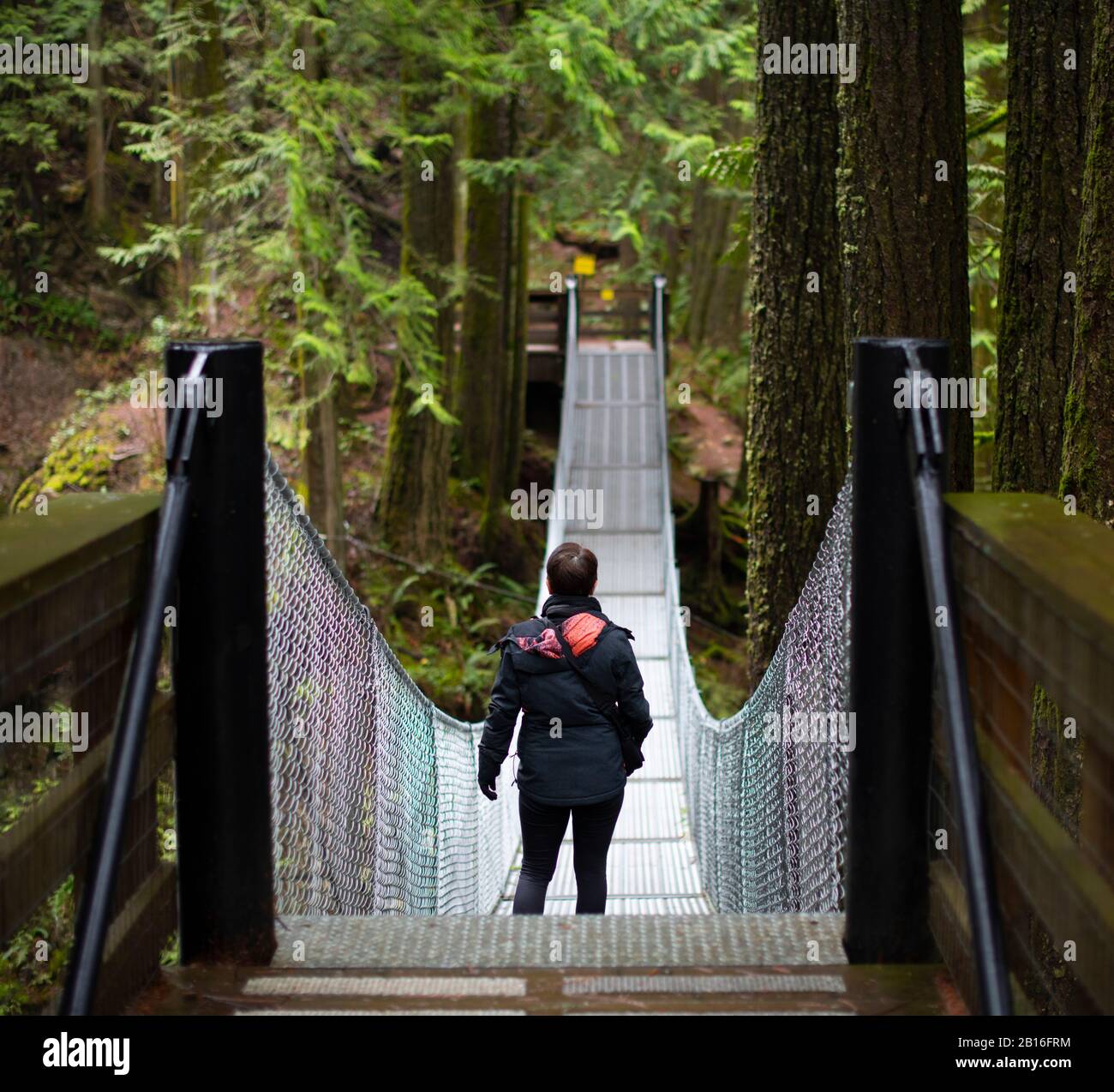 Walking the suspension bridge, Cascade Falls Regional Park in Mission, British Columbia, Canada Stock Photo