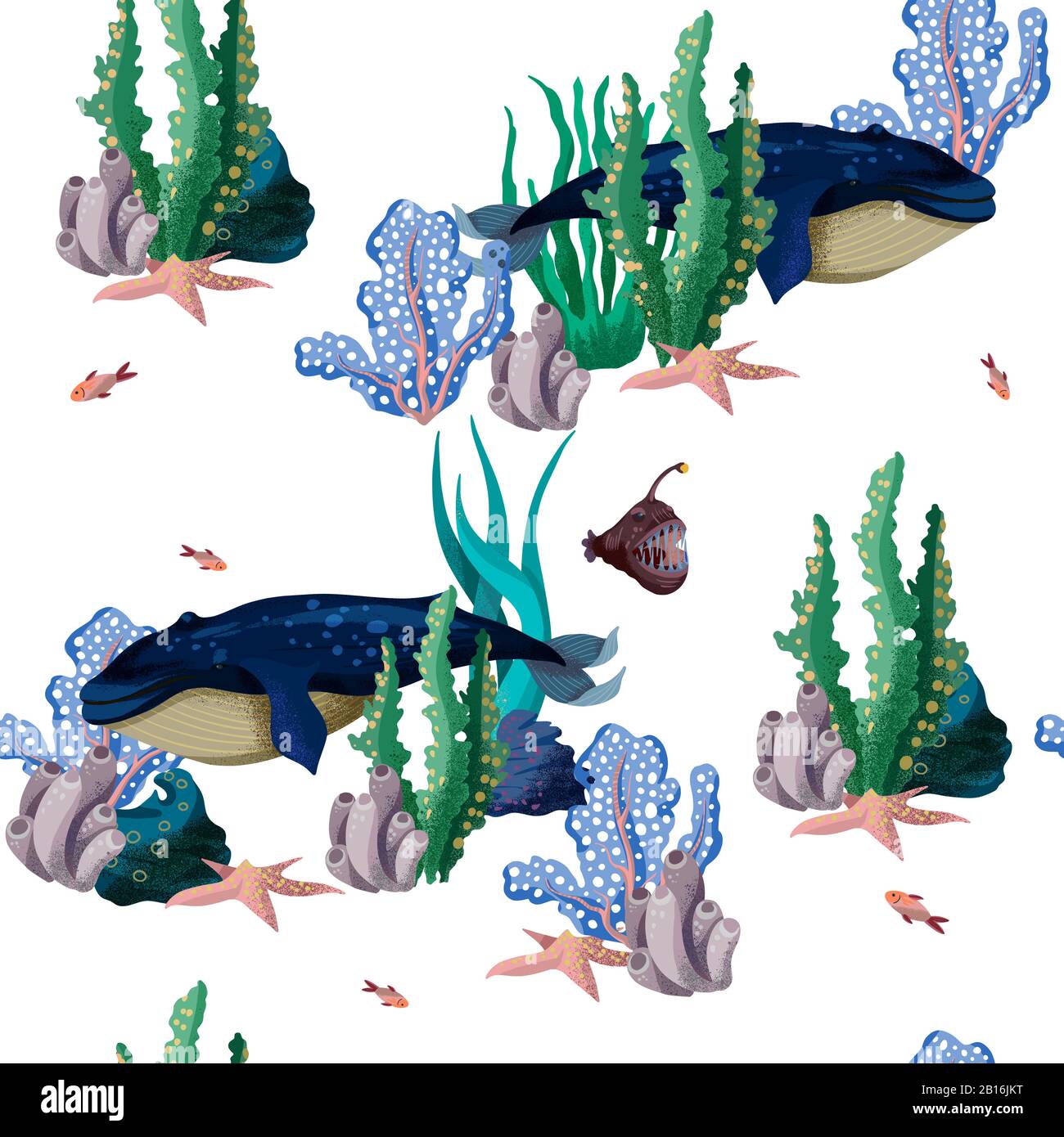 Seamless pattern with whale in the undersea landscape. Vector. Stock Vector