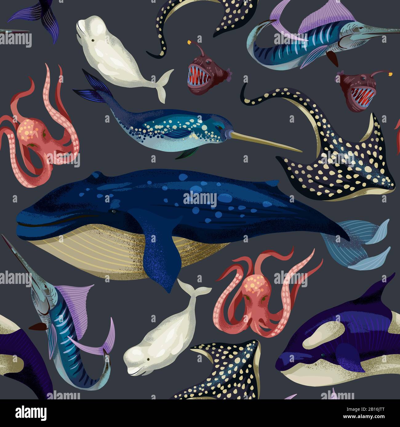 Seamless pattern with whale, devilfish, orca and octopus. Vector. Stock Vector