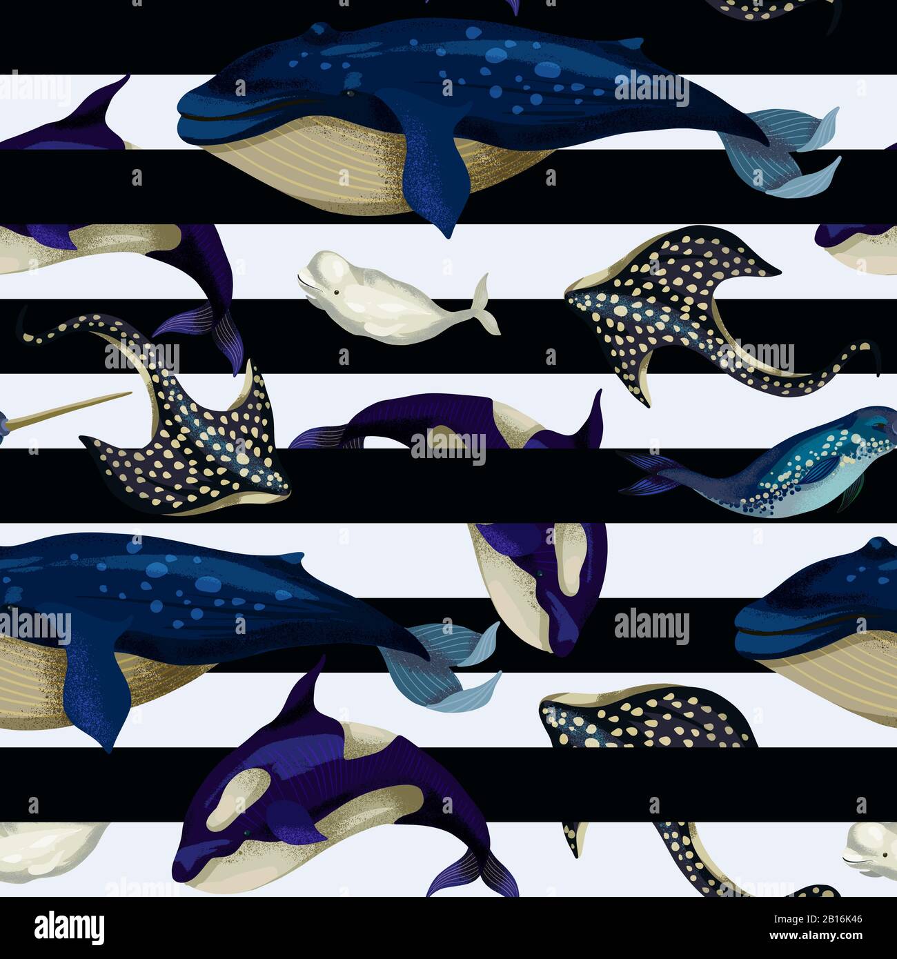 Seamless pattern with whale, devilfish, orca and octopus. Vector. Stock Vector
