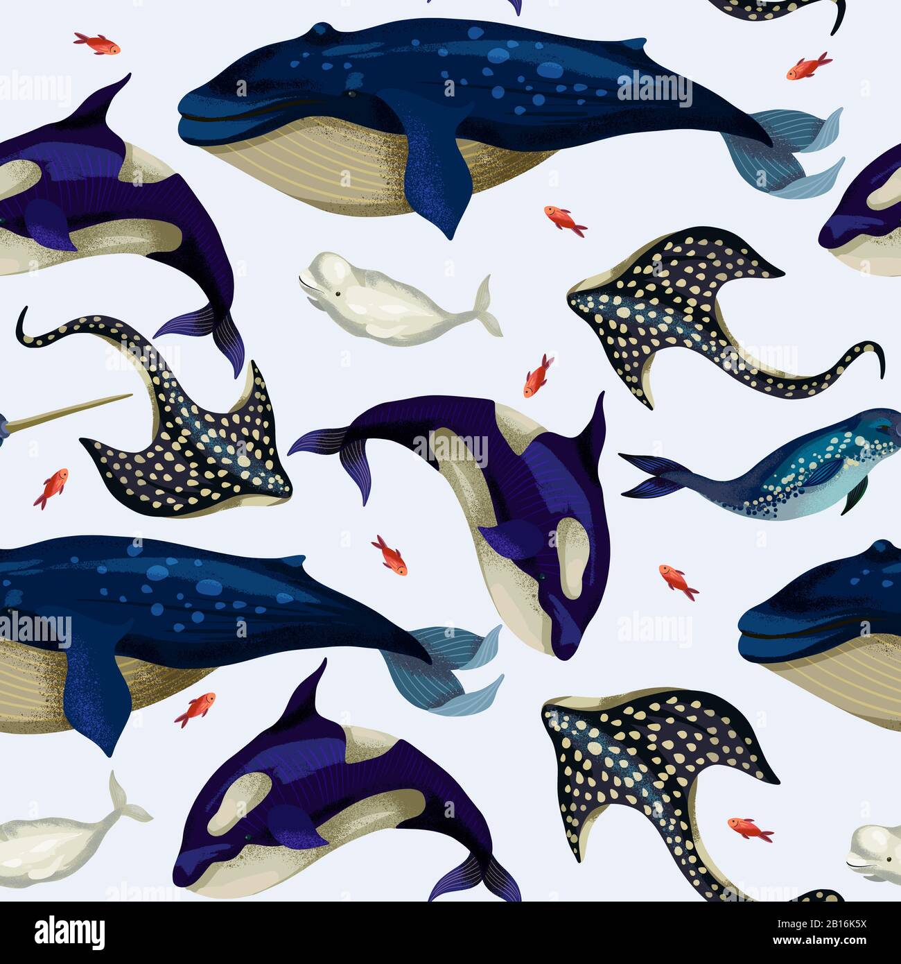 Seamless pattern with whale, devilfish, orca and octopus. Vector. Stock Vector