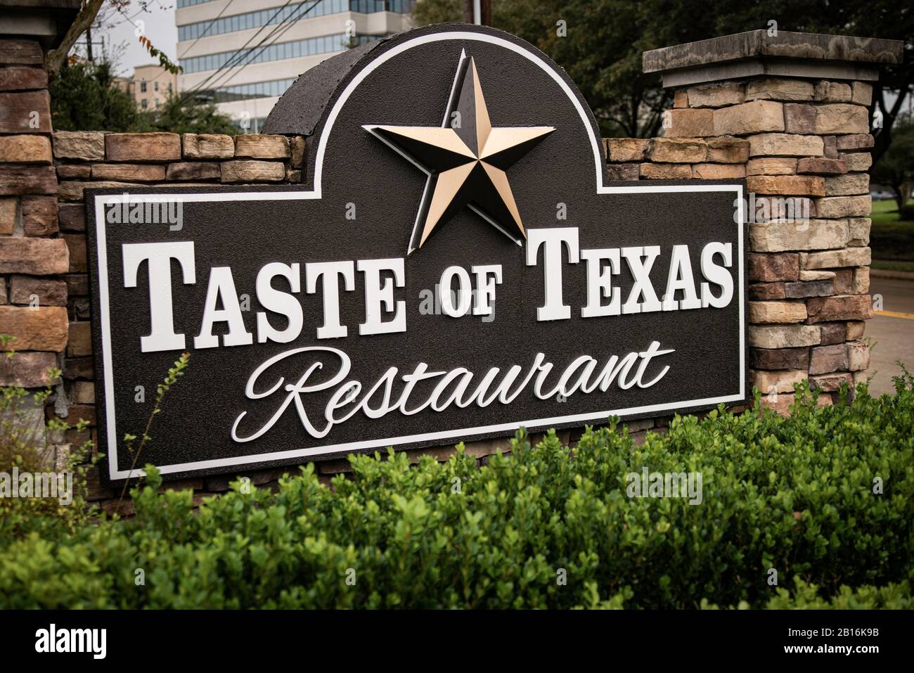 Houston, Texas - February 11, 2020: Taste of Texas steakhouse and restaurant exterior sign Stock Photo
