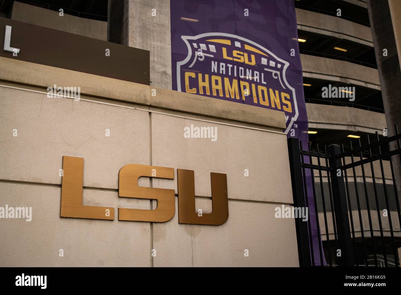 Baton Rouge, Louisiana - February 10, 2020: Louisiana State University (LSU) sign with National Champions banner Stock Photo
