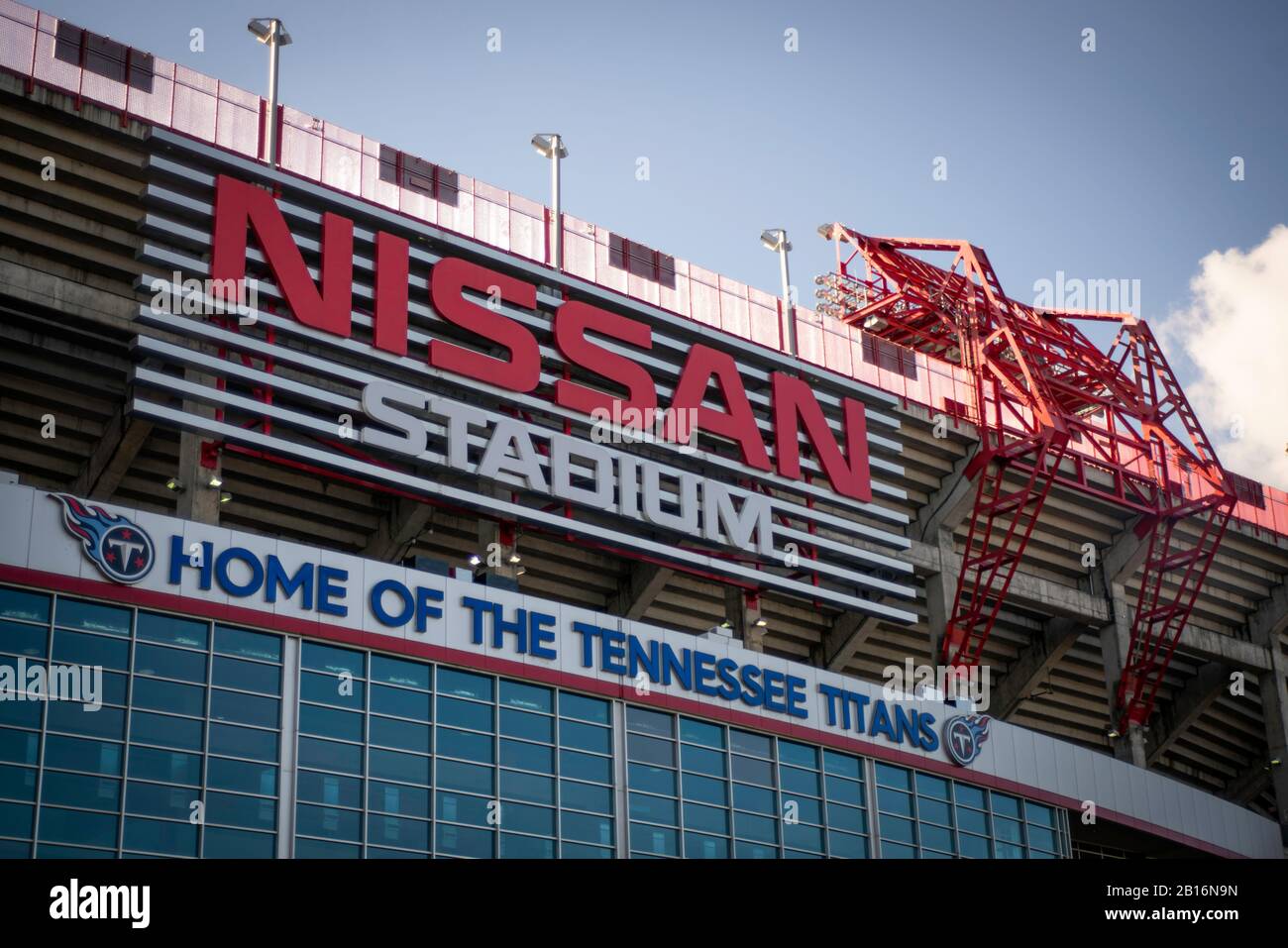 Nashville, Tennessee - January 27, 2020: sign for Nissan Stadium, home of the NFL Tennessee Titans football team Stock Photo