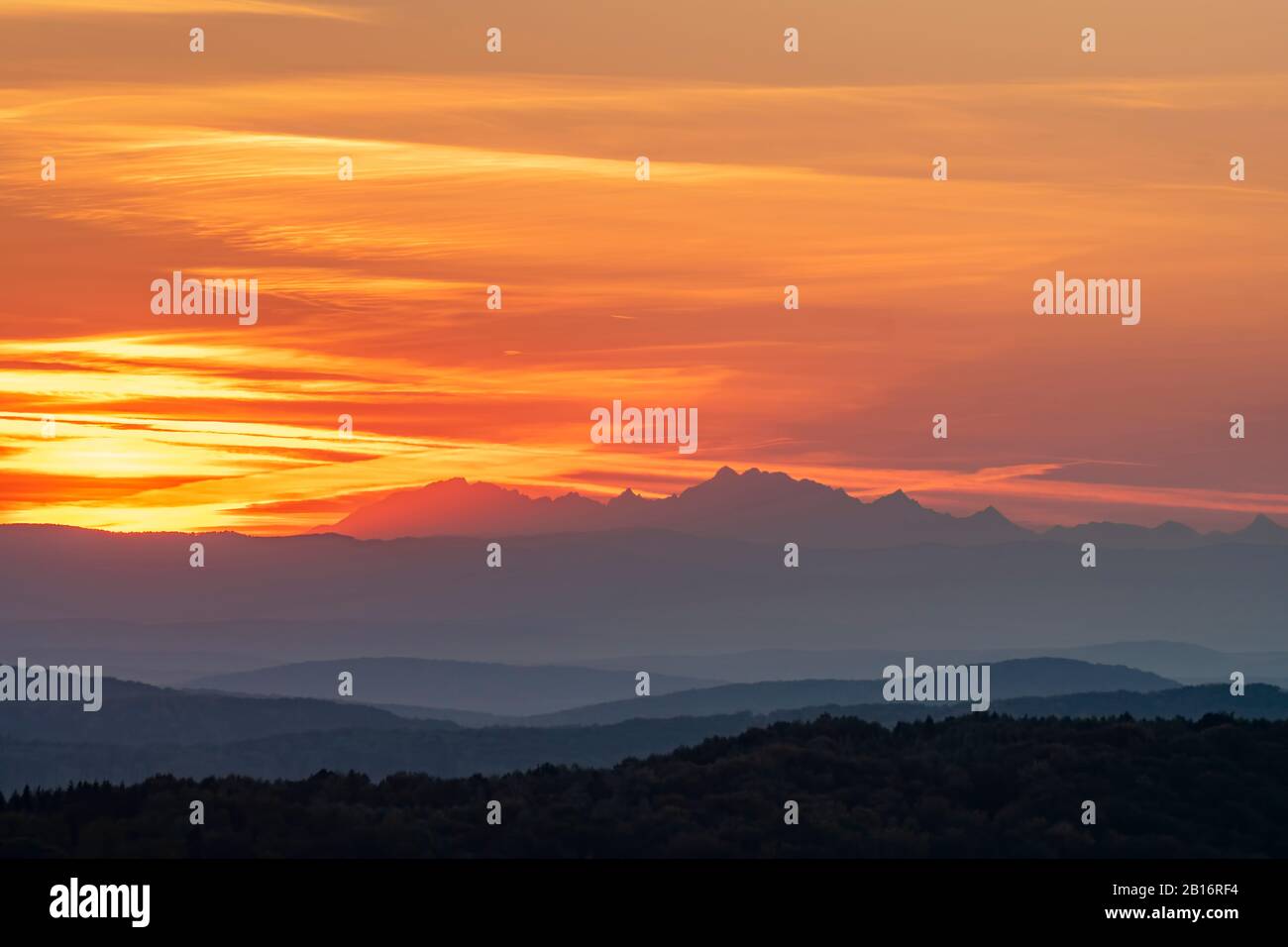 View of the sunset over the Tatra Mountains from the Beskid Pass over Radoszyce in the Bieszczady Mountains. Poland, Europe Stock Photo