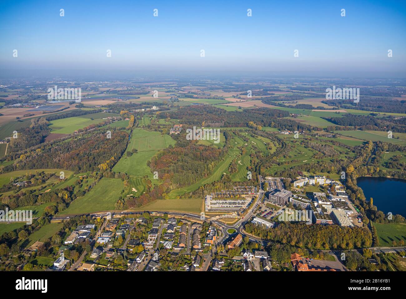 Aerial photo, view from Geldern, St.-Clemens-Hospital Geldern, Haag Castle, Golf Course Gelderland, Guelders, Lower Rhine, North Rhine-Westphalia, Ger Stock Photo
