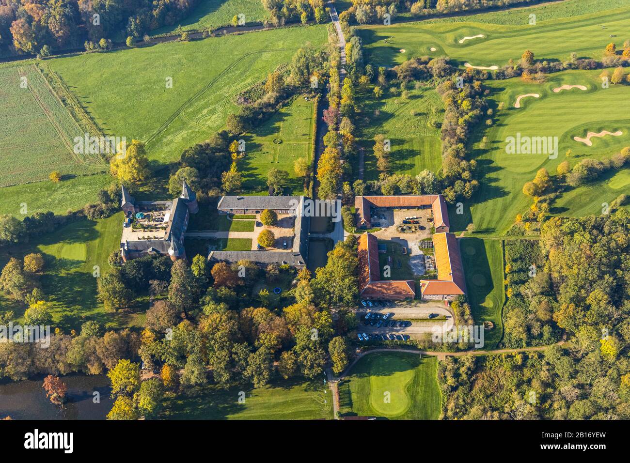 Aerial view, Haag Castle, Golf Course Gelderland, Golf Course, Geldern, Lower Rhine, North Rhine-Westphalia, Germany, Bartelter Weg, beer garden, cast Stock Photo