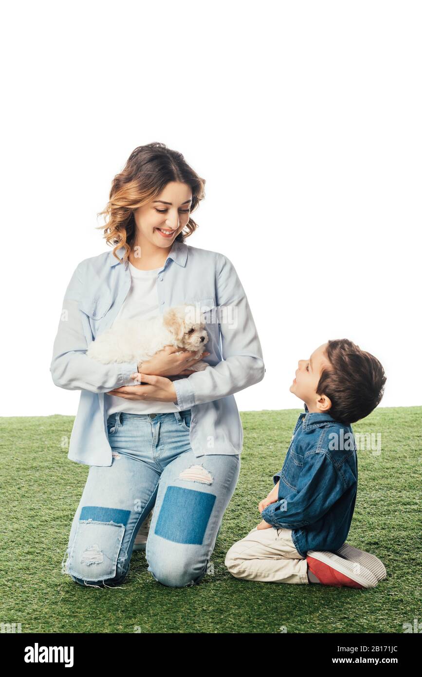 smiling mother holding Havanese puppy and son looking at her isolated on white Stock Photo