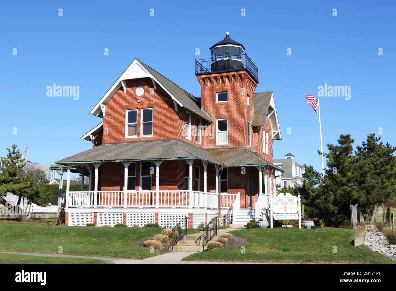 The Sea Girt Light is a lighthouse first lit in 1896 marking the inlet leading to the Wreck Pond in Sea Girt in Monmouth County, New Jersey, Stock Photo