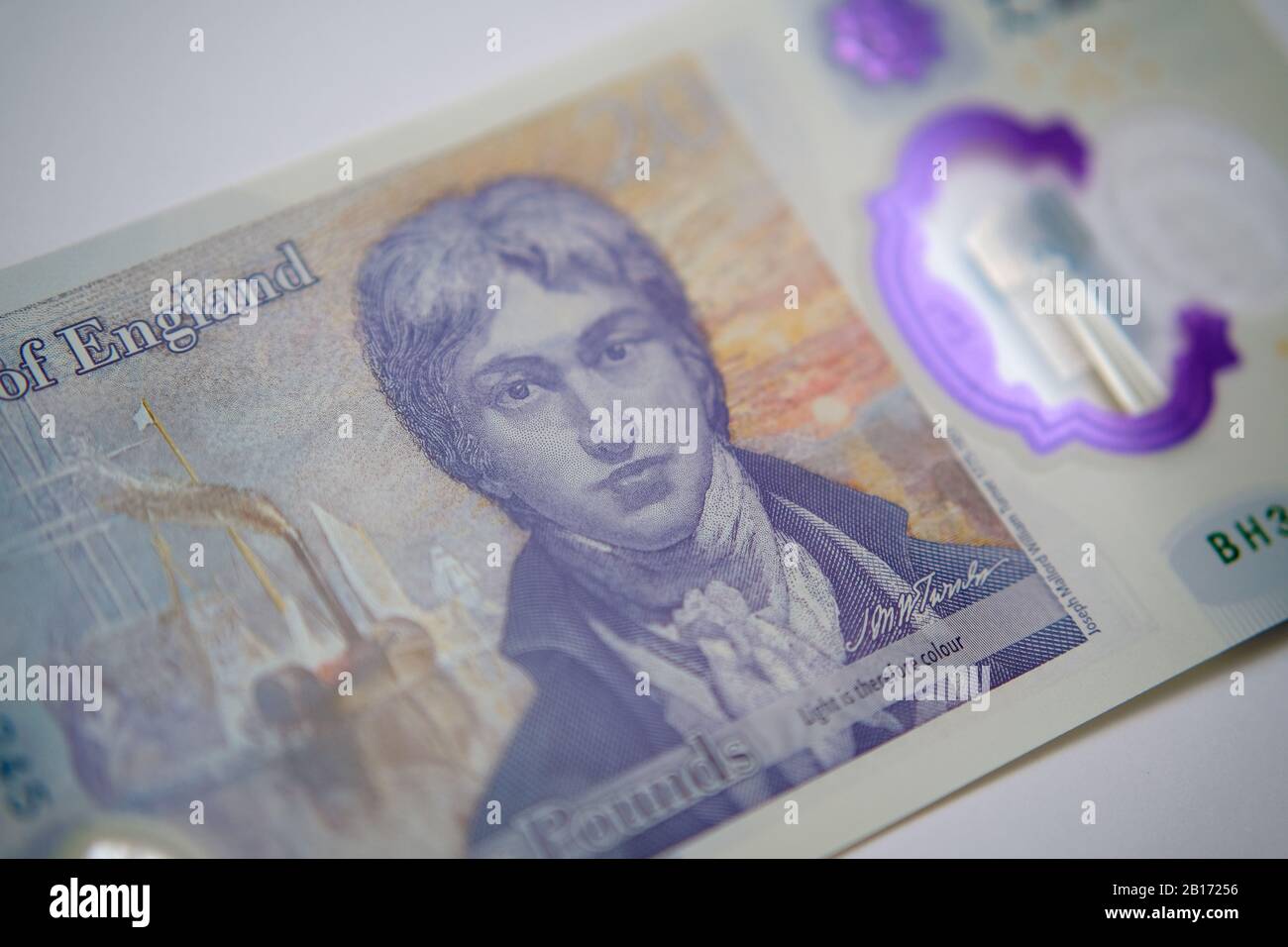 New British 20 pound polymer banknote released in February 2020 in the United Kingdom. Stock Photo