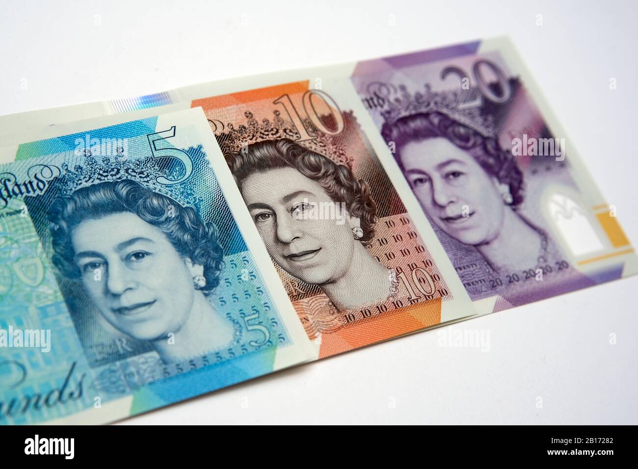 New British polymer money. The banknote released by February 2020 in the United Kingdom. Stock Photo