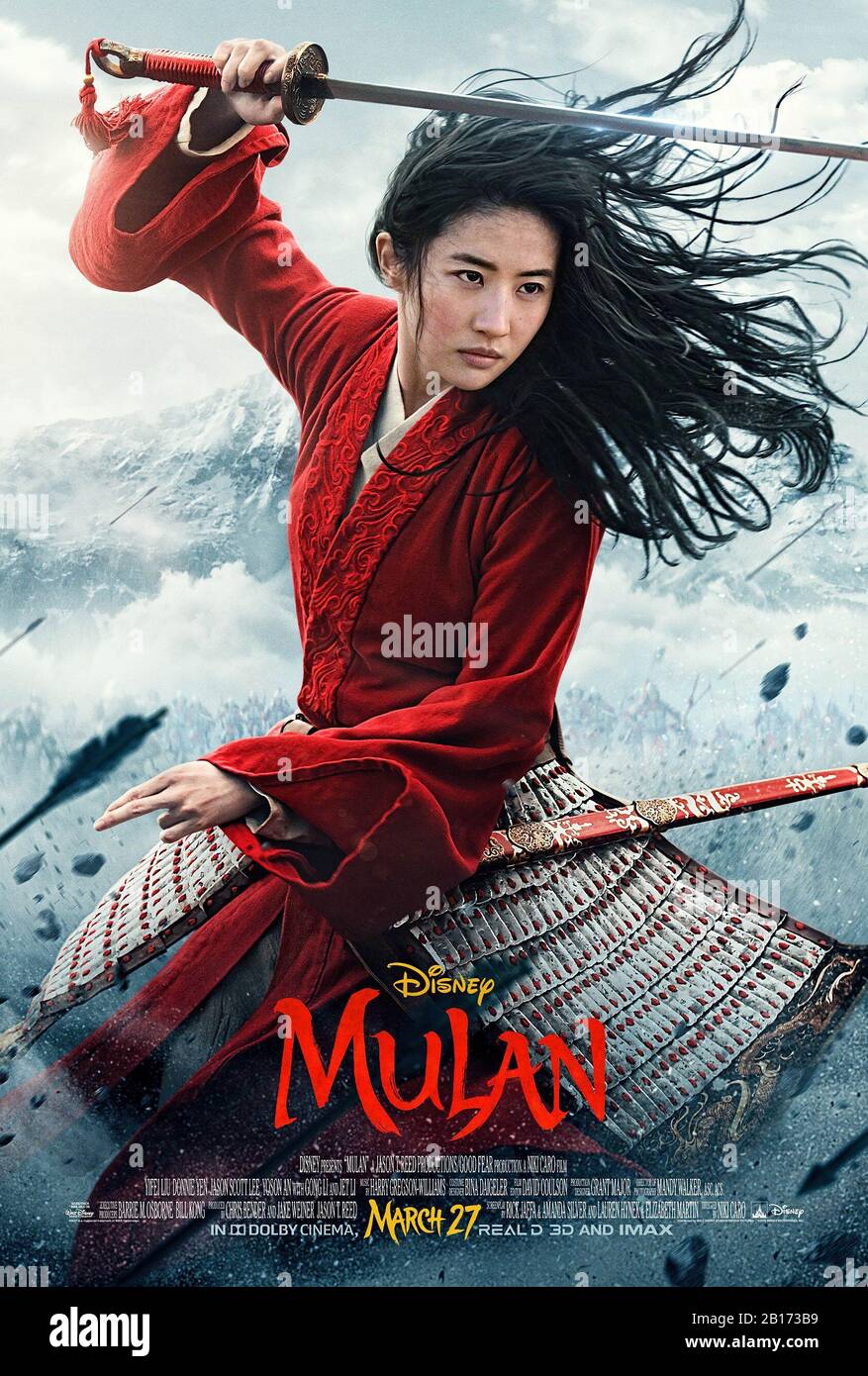 Mulan (2020) directed by Niki Caro and starring Yifei Liu, Donnie Yen, Jet Li and Li Gong. Live action reboot of Disney's 1998 animation about a Chinese woman who disguises herself as a man to save her father. Stock Photo