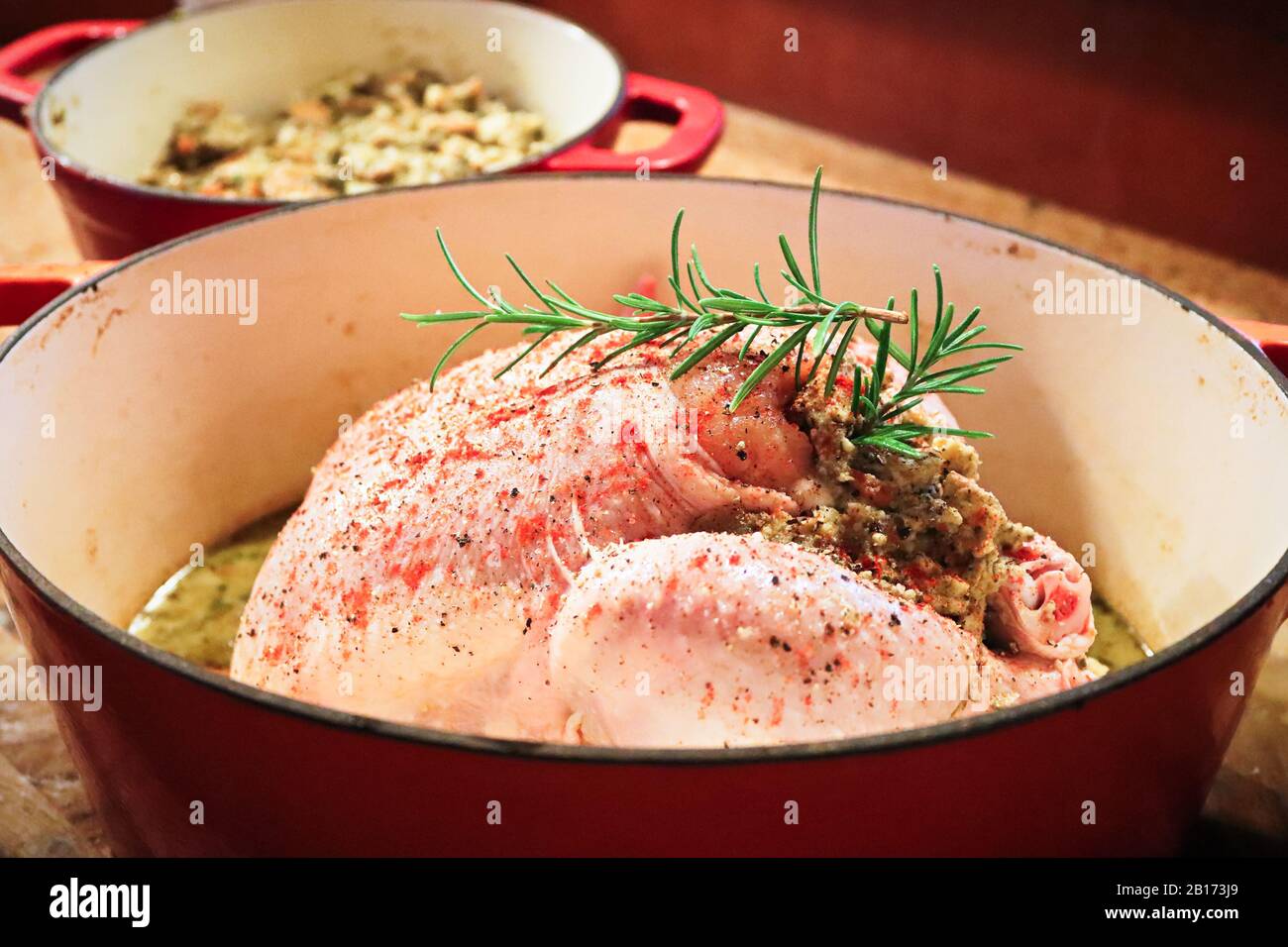 Side view of a raw chicken with stuffing in a pot Stock Photo