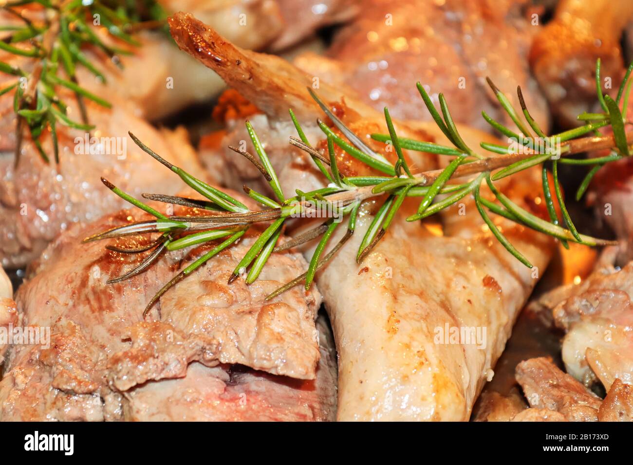 Closeup of rosemary over cut up duck pieces Stock Photo