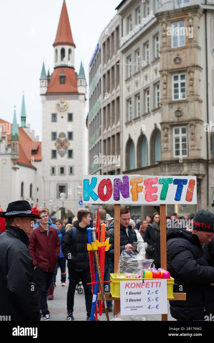 Munich, Germany - February 23, 2020: the carnival season is a popular event in Munich and starts already on Sunday with street animations, stands and Stock Photo