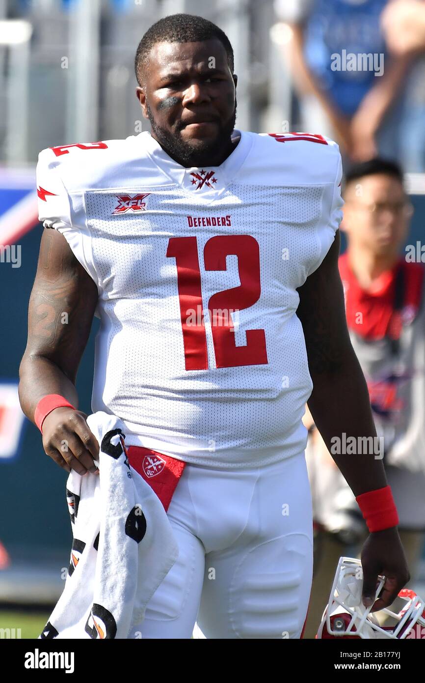 Carson, CA. 23rd Feb, 2020. DC Defenders Quarterback Cardale Jones #12 during the pre game of the XFL football game against the DC Defenders at the Dignity Heath Sports Park in Carson, California.Mandatory Photo Credit: Louis Lopez/CSM/Alamy Live News Stock Photo