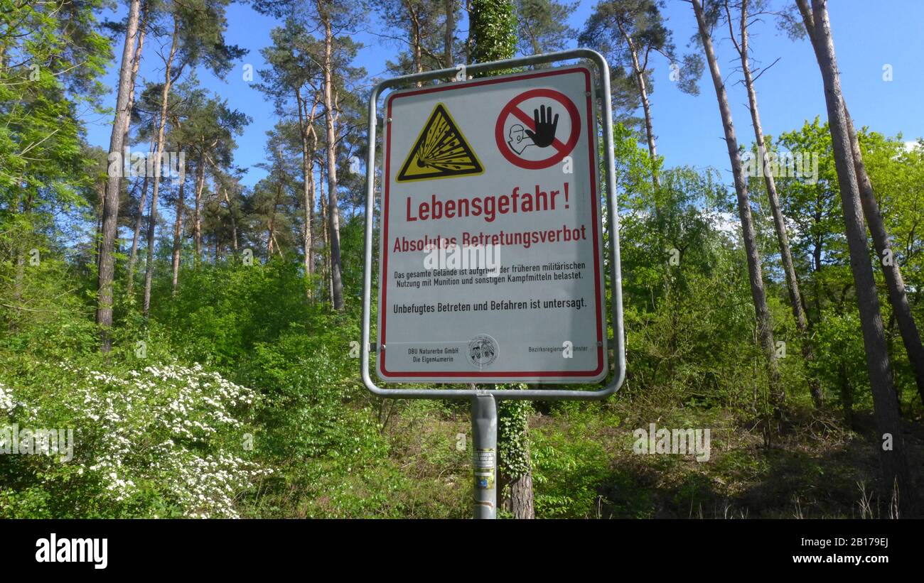 warnin sign on a military training ground, Germany - Stock Image