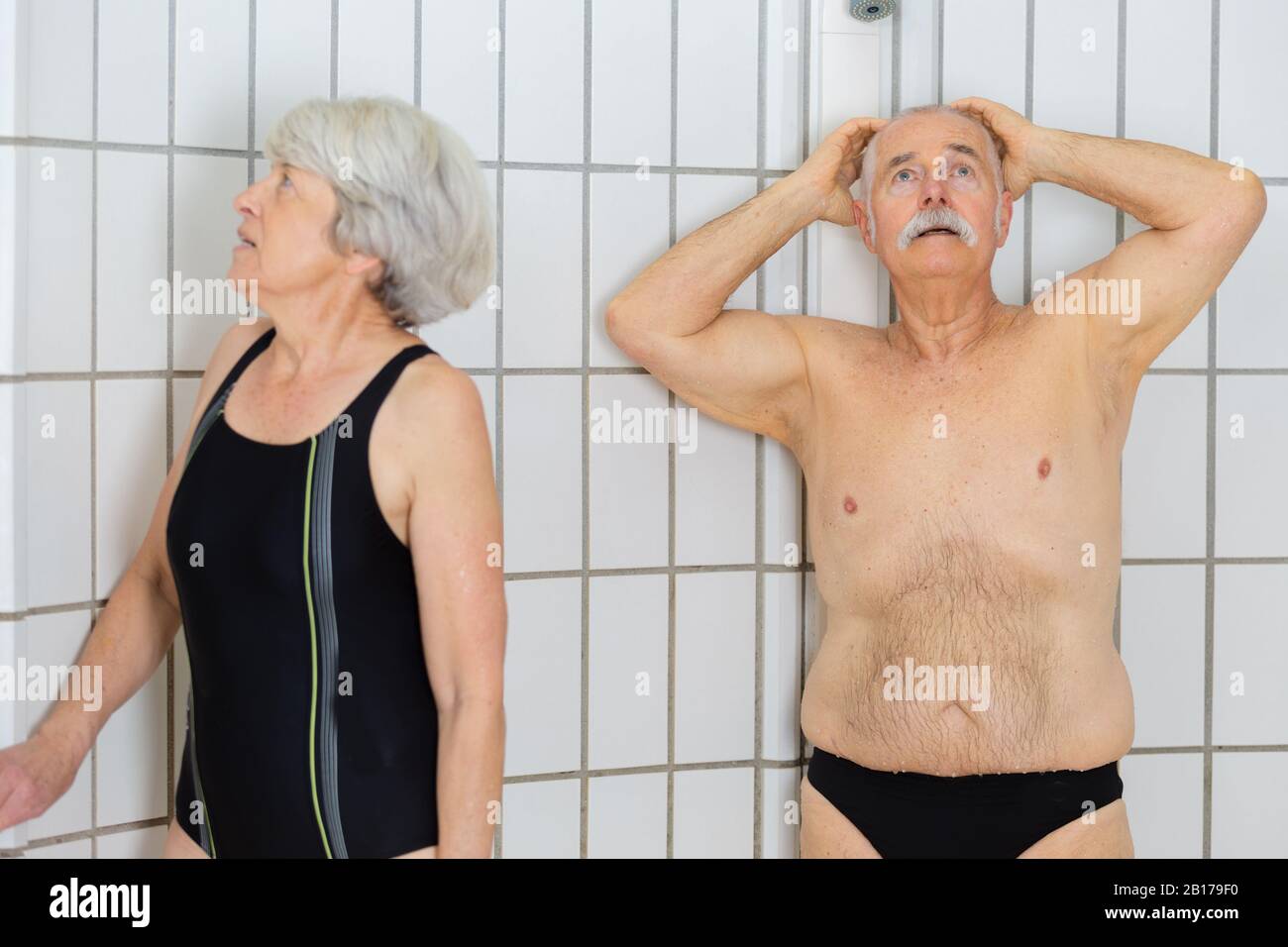 senior couple ready to take a shower after swimming Stock Photo Alamy