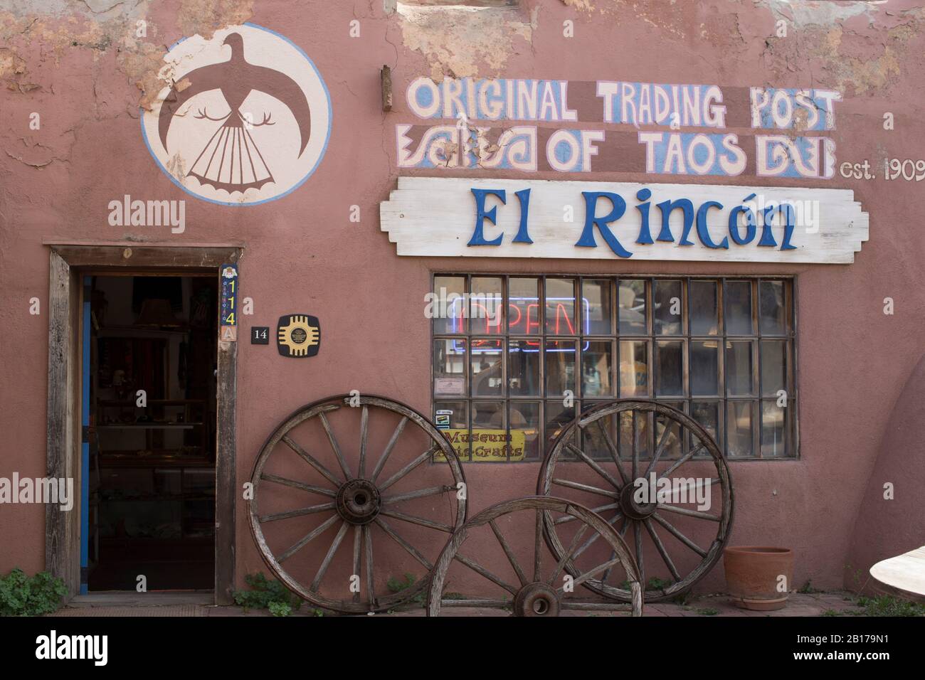 Oldest trading post in Taos since 1909. Features all types of jewelry, gifts, arts etc. It is family owned through generations. Popular tourist place. Stock Photo