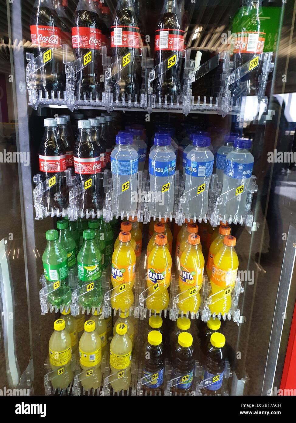 selection of beverages in beverage dispenser, Spain, Balearic Islands, Majorca Stock Photo