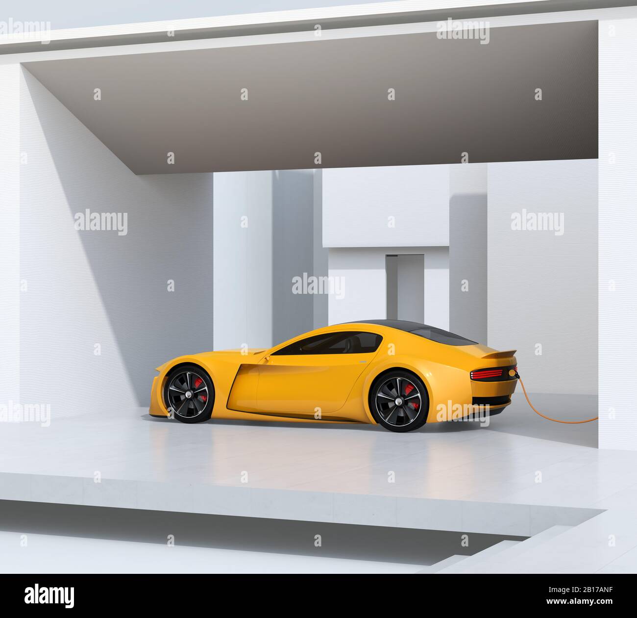 Rear view of yellow electric sports car charging at home. Sustainable lifestyle concept. 3D rendering image. Stock Photo